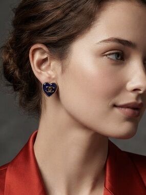 CHANEL Navy Heart Logo Stud Earrings